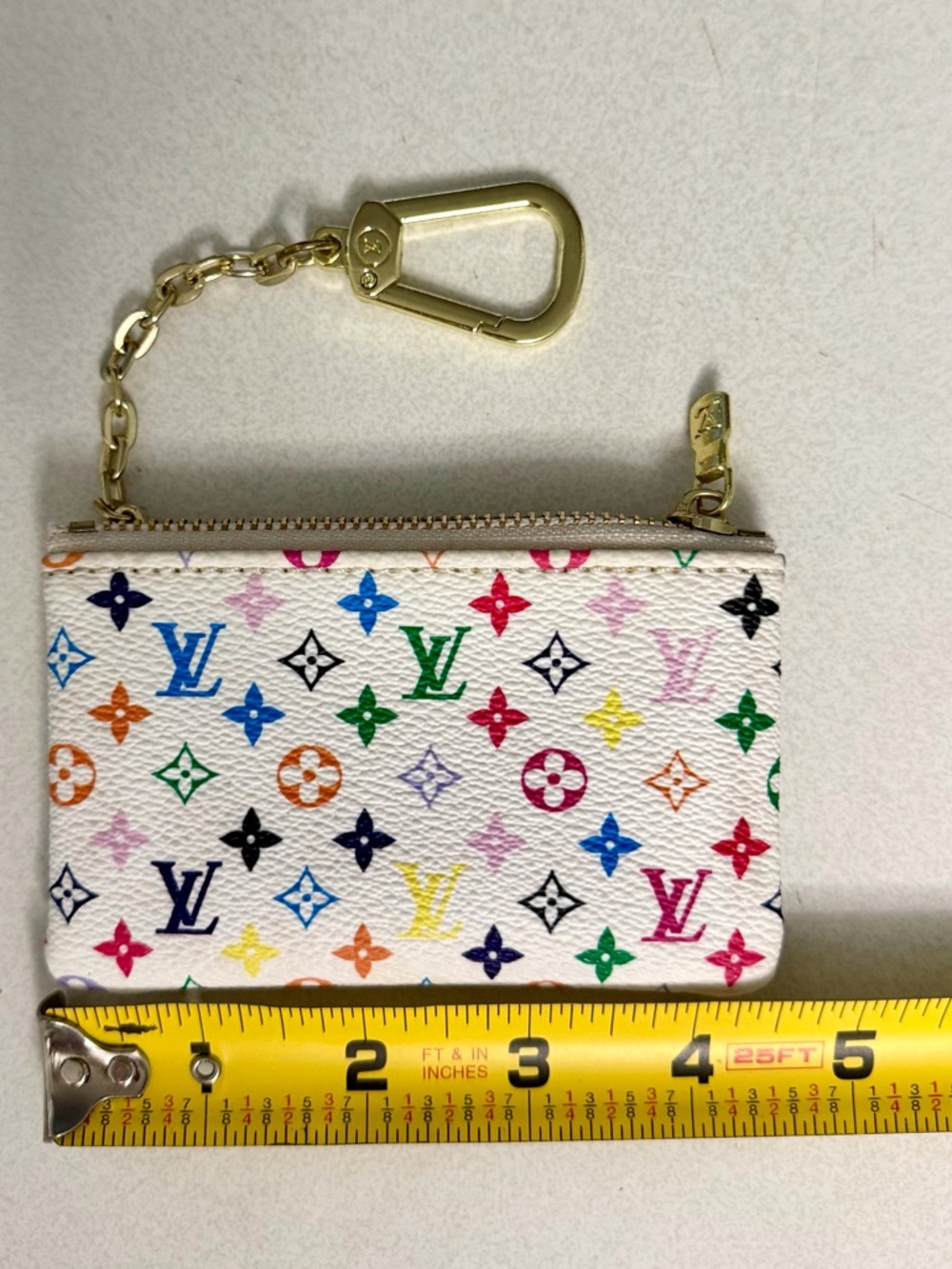 LV inspired White Multicolor Monogram Key Coin Pouch with Gold Hardware